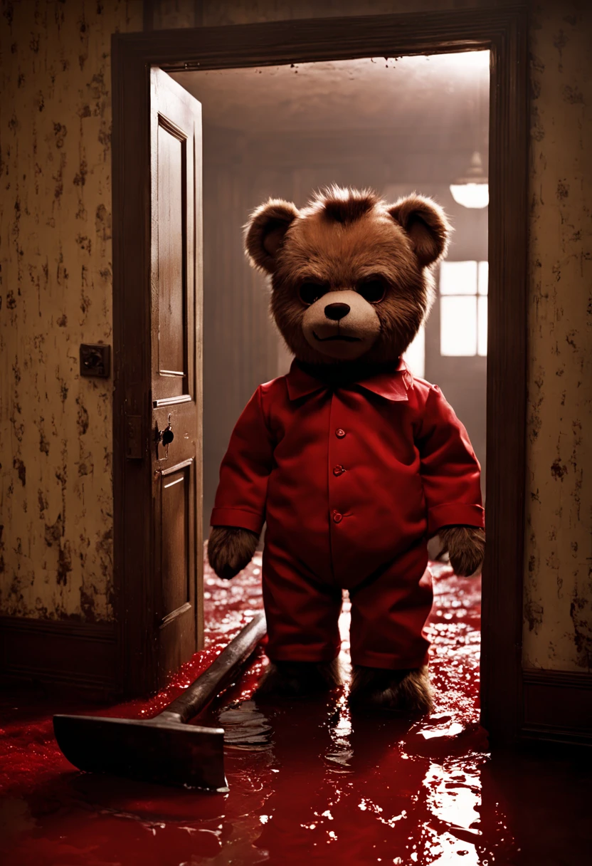 best quality,Jack Nicholson's character from "The Shining" poking head through an axe-punched hole in the Overlook Hotel door, torn horrifying teddy bear in a blood pool on same side, blood and mold seeping, shadows casting an ominous air, dramatic lighting, hyperdetailed, 32k resolution, ultra-realistic.sinister environment, dark and sinister lightings