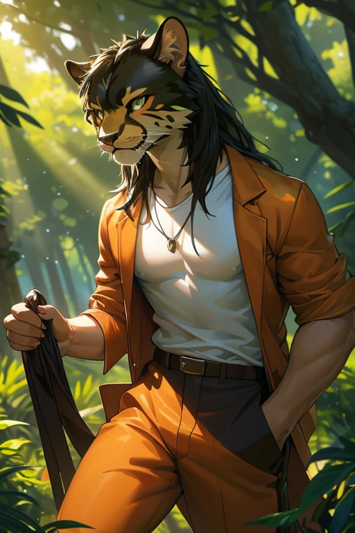 Cheetah-human, taller, male, white t-shirt, black pants, solo, non-human, teen, cheetah, short hair, formal clothes, solo, cheetah head, semi long hair, black hair, (best quality,4k,8k,highres,masterpiece:1.2),ultra-detailed,(realistic,photorealistic,photo-realistic:1.37), detailed eyes, detailed lips, intense gaze, confident expression, sleek and muscular body, vibrant orange and black fur, fierce and powerful stance, natural habitat, lush green vegetation, sunlight shining through the trees, (HDR,UHD,studio lighting), (vivid colors,bokeh), (oil painting, realistic rendering), (wildlife, portrait), hybrid, 