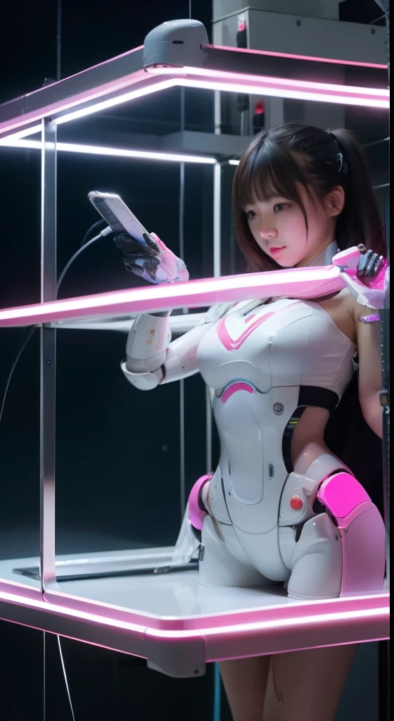 masterpiece, best quality, Very detailed, (8k, 4K, best quality, high resolution, 超high resolution:1.1), 8k portrait,1 girl in, Japanese Android girl, Android teacher, control Panel, Android, robot, Manipulator, ,robot手臂和腿, black hair, Mechanical body, blunt bangs, 粉色robot零件, 完美的robot女人, charging point, long tube, A thick cable is attached to her neck, ceramic body , Android, robot人形, , Full eyes, perfect mechanical body, Pink bodyesbian, The assembly plant of the future, pink body, she has fixed it, Lack of sponge joints, Android assembly plant, Android, laboratory, Platform boots, Perfect body, Pink bodyesbian