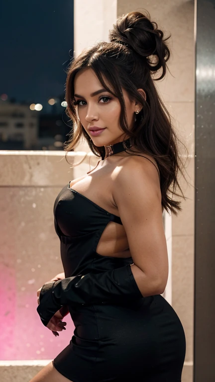 Jennifer [23] years, Cabello [Rubio], Ojos [Marrones], labios [llenos], nariz [Redonda], [pechos grandes], [big glutes], Maquillaje [tonos marrones], Manos [ambas manos en la cara ] , usando [vestido negro elegante ajustado], [collar de diamantes en el cuello], [hairstyle divided in the middle and bun at the end], [pendientes de diamantes en las orejas], en [una fiesta elegante], [disfrutando alegremente de la noche], [ligera sonrisa], [cerrando un ojo], [retrato superrealista], [professional lighting], [neon lights]