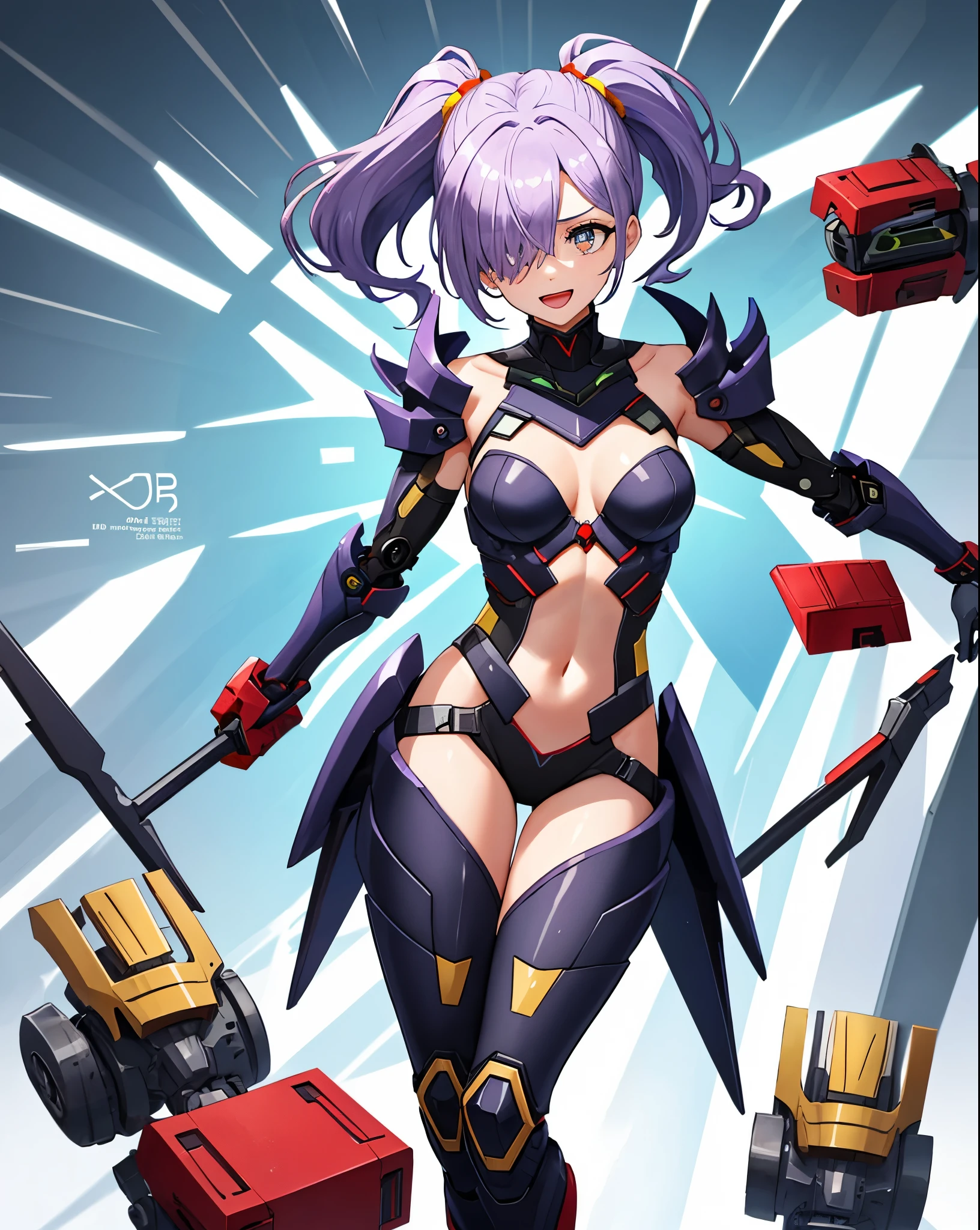 ,1figure_girl,(:1.5), (short_ponytail:1.3), (light_whitish_purple_hair:1.3),black_mechanical_armor_parts,white_breasts_parts_red_black_body_suit,bare_shoulder,bare_slender_thighs,medium_breasts,on_the_desk, desk_background,Stinging_eyes,(half_pupil:1.5),sleepy,thighhigh_greaves,gauntlets,dynamic_posing,bare_frank,metal_red_parts_armor,red_eye,
fists,hold_weapon,glare,navel,large_mechanical_parts,happy,waist_armor,open_mouth,rise_legs,apart_legs, (covered_navel:1.3),(very_long_bangs:1.3), (hair_over_one_eye:1.5),(long_bang_covers_right_half_of_face:1.5),
(covered_pussy:1.1),covered_breasts,armpits,