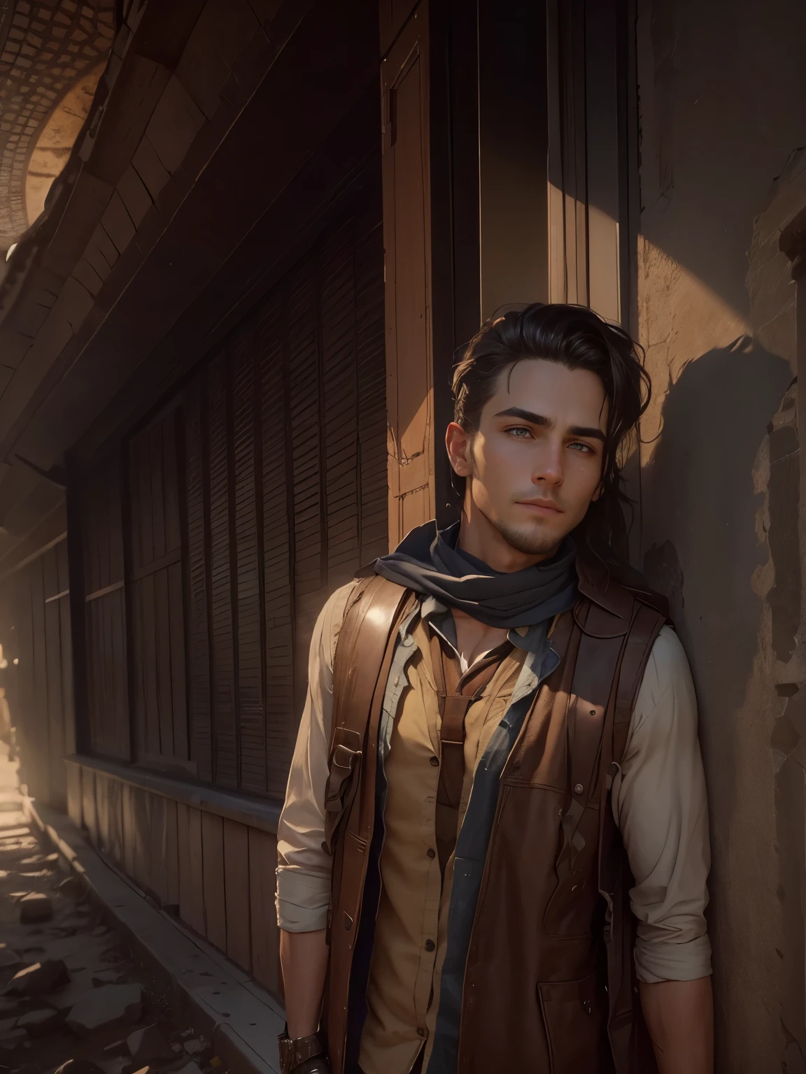 A young protagonist ,with a rugged charm and piercing eyes that reflect determination, Lysander Stormborne carries an air of quiet strength. His tousled, dark hair frames a face marked by the passage of trials, yet his smile holds a glimmer of hope. Clad in worn but meticulously kept attire, he exudes resilience and determination, embodying the spirit of someone who has weathered storms and emerged stronger. , determined eyes and a backpack ,finds an art mentor, revives the wilted flower with care, and unlocks the book of forgotten dreams with determination