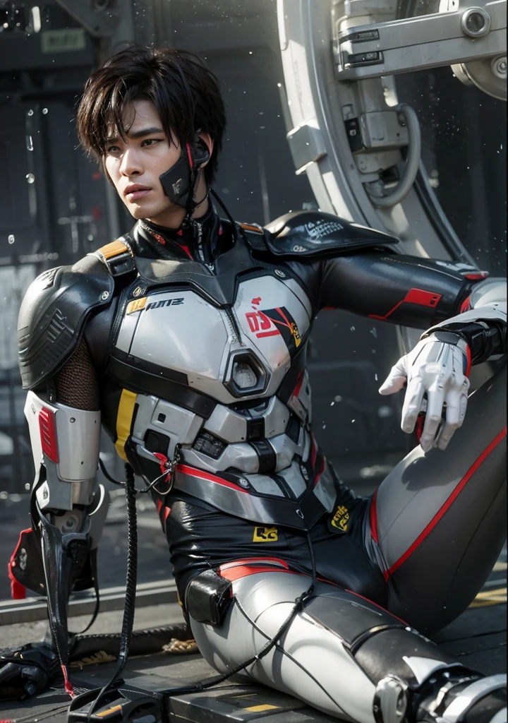 Man thai handsome sitting on the floor with the body of a broken hand of a robot