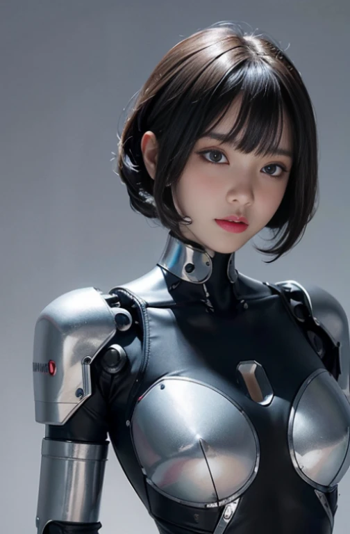 (lifelike:1.4), (original photo)masterpiece, best quality, Very detailed, (8k, 4K, best quality, high resolution, 超high resolution:1.1), 8k portrait,1 girl in, Japaese Android girl,announcer,full ,金属robot女孩,银色robot女孩, control Panel,Android,robot,Manipulator, robot手臂和腿, black hair,Mechanical body,blunt bangs,白色robot零件,完美的robot女人,charging point,long tube,A thick cable is tied around her neck,Android,robot人形,a little fat,Full eyes,perfect mechanical Silver body,Silver body,The assembly plant of the future,she has fixed it,Black sponge connector,Android assembly plant,Android,laboratory,Perfect body,Metal body,Silver body,silver man,Removable cover located at groin,Connection port located in groin,Perfect mechanical breasts,One-piece suit,