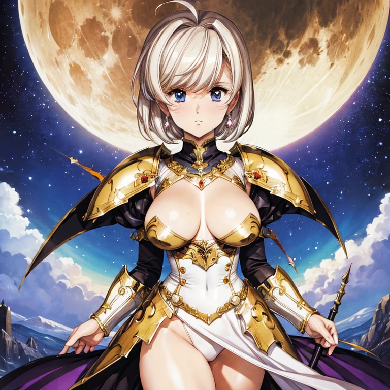 pixie cut、dress armor、masterpiece、highest quality、solo、female、big breasts、super moon