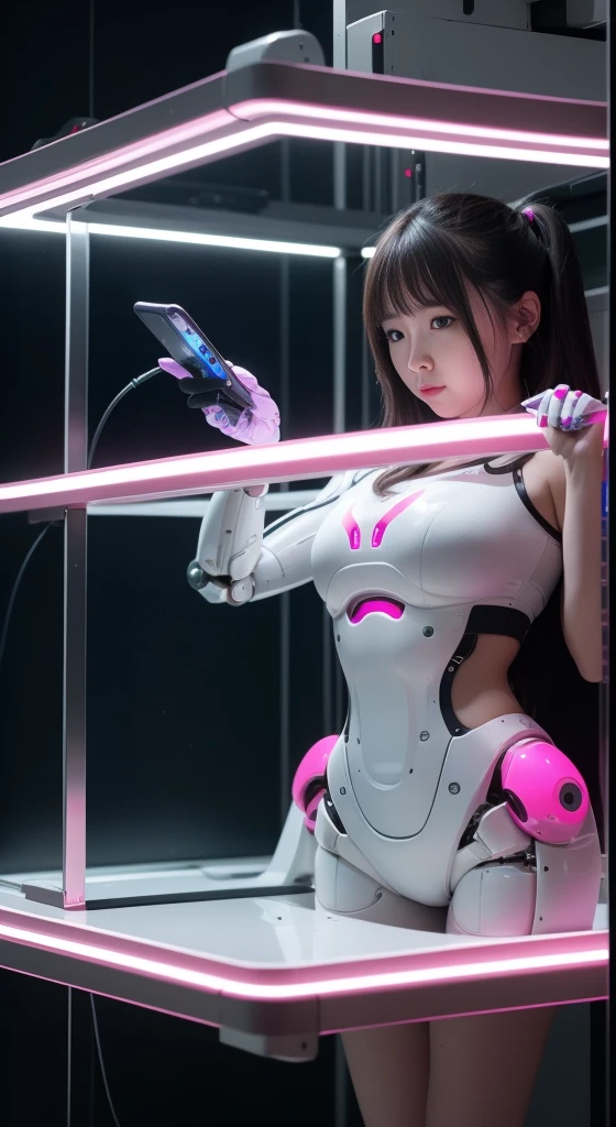 masterpiece, best quality, Very detailed, (8k, 4K, best quality, high resolution, 超high resolution:1.1), 8k portrait,1 girl in, Japanese Android girl, Android teacher, control Panel, Android, robot, Manipulator, ,robot手臂和腿, black hair, Mechanical body, blunt bangs, 粉色robot零件, 完美的robot女人, charging point, long tube, A thick cable is attached to her neck, ceramic body , Android, robot人形, , Full eyes, perfect mechanical body, Pink bodyesbian, The assembly plant of the future, pink body, she has fixed it, Lack of sponge joints, Android assembly plant, Android, laboratory, Platform boots, Perfect body, Pink bodyesbian