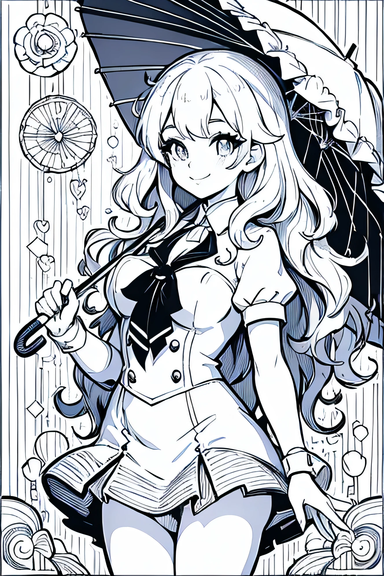 Coloring pages for adults, pretty girl, smile with an umbrella, Bust shot close-up, retro comic style, Wave lines, low detail, diamond pattern background, black and white, with out shading, --If 9:16