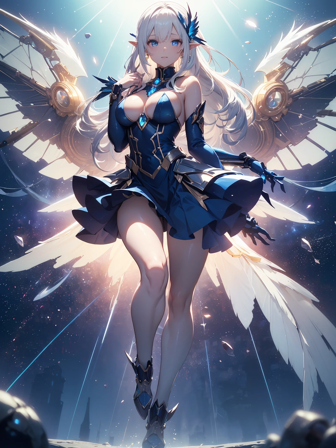(masterpiece、 highest quality, wonderful, very detailedティッカーユニティ、8k wallpaper, written boundary depth, Ultra-fine illustration:1.5)、。.。.。.。.3D, very detailed, (Full body Esbian、Mecha elf girl:1.3), sci-fi battlefield, Hawken, smile, open your mouth、short ponytail hair, (white blonde hair, deep blue eyes:1.2), sparkling eyes, cute顔, cute, big breasts, delicate hair, messy hair、blue sky, White cloud), shiny hair, shiny skin, (Symmetrical mechanical winetallic colored mechanical wings that are widely expanded to the left and right so that they protrude wonderfully from the screen, bite, white hair ornament), (particles of light, cinematic lighting: 1.3), (pale pink lips: 0.8), by Yusuke Murata.