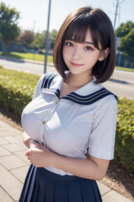 Highly detailed CG Unity 8k wallpaper, top quality, super detailed, masterpiece, realistic, photorealistic, highly detailed cute girl, (), ultra-detailed face, highly detailed lips, double eyelids, dark eyes, round face, dark hair, clean-cut bangs, bob cut, smiling (gigantic breast:1.2), high school student, sailor uniform, navy blue pleated skirt, (Her skirt flutters in the wind:1.1), (full-body shot:1.1)