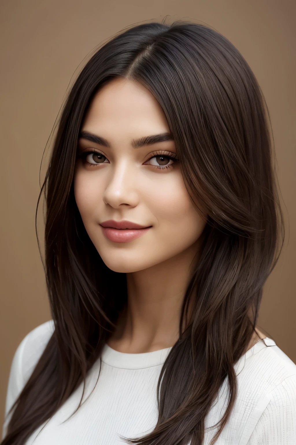 , with hazel eyes that hold a combination of curiosity and warmth. Her eyebrows are finely arched, adding a touch of elegance to her expression.
Her nose is subtly shaped, and her lips form a natural and welcoming smile. Luna's skin tone is warm and healthy, carrying a natural glow that enhances her overall appearance.
Focusing on her hair, Luna's signature lilac-tipped locks are styled in loose waves, starting from the mid-length of her dark brown hair. The lilac hue blends seamlessly, providing a subtle yet distinctive touch. This realistic representation maintains Luna's unique and creative flair while staying true to the natural subtleties of her features.