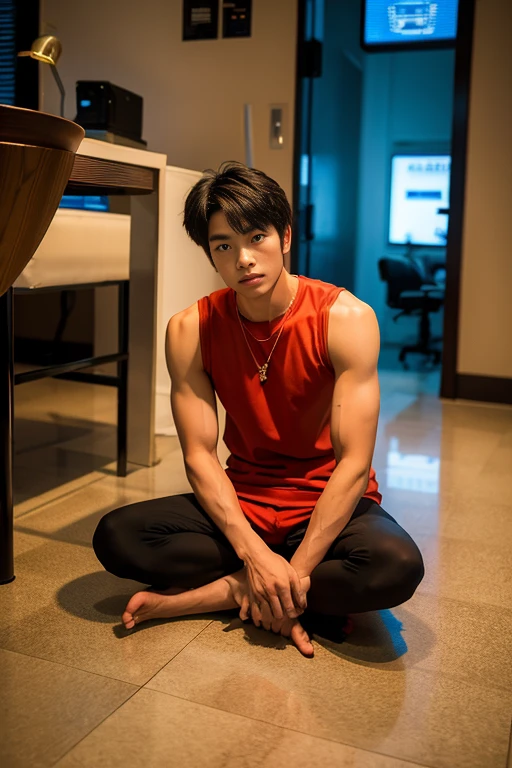 Man thai handsome sitting on the floor with the body of a broken hand of a robot