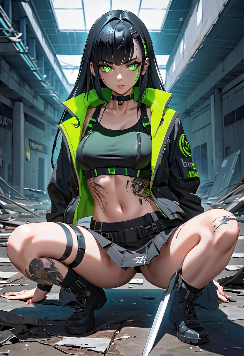 1 girl, solo, long_hair, bangs_between_the_eyes black_hair_with_strands_green, bi_color_ green_neon eyes, sexy_face, HOLDING IN HIS HANDS A SWORD STICKED INTO THE GROUND, cyberpunk_clothes, short_jacket, navel appears, short_skirt, scarred_legs, left_arm_band, tattoo_above_navel_background_of_abandoned_AIRPORT_red, manga_style_image .
