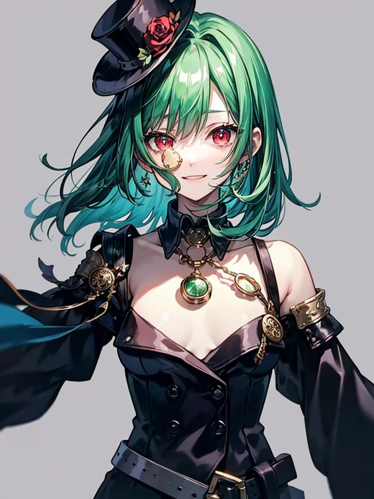 (((masterpiece、Highest image quality、highest quality、highly detailed unity 8kwallpaper)))、((Illustration of one girl、upper body))、(((beautiful girl)))、(Emerald green hair、messy hair、sidelocks:1.2、red eyes、crazy smile:1.3)、(((flat chest)))、(((monocle)))、pocket watch、(((Black top hat、Black tuxedo、belt)))