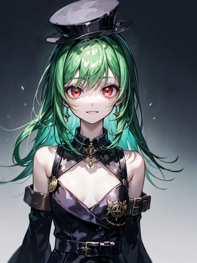 (((masterpiece、Highest image quality、highest quality、highly detailed unity 8kwallpaper)))、((Illustration of one girl、upper body))、(((beautiful girl)))、(Emerald green hair、messy hair、sidelocks:1.2、red eyes、crazy smile:1.3)、(((flat chest)))、(((monocle)))、pocket watch、(((Black top hat、Black tuxedo、belt)))