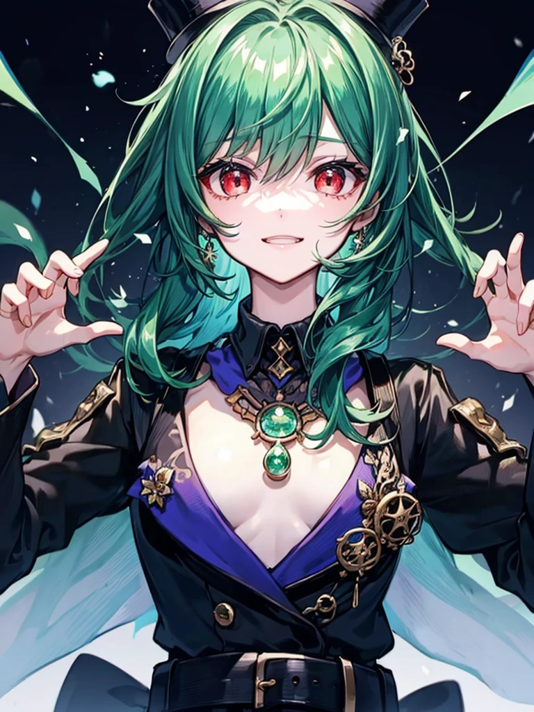 （（（masterpiece、Highest image quality、highest quality、highly detailed unity 8ｋwallpaper）））、（（Illustration of one girl、upper body））、（（（beautiful girl）））、（Emerald green hair、messy hair、sidelocks：1.2、red eyes、crazy smile：1.3）、（（（flat chest）））、（（（monocle）））、pocket watch、（（（Black top hat、Black tuxedo、belt）））