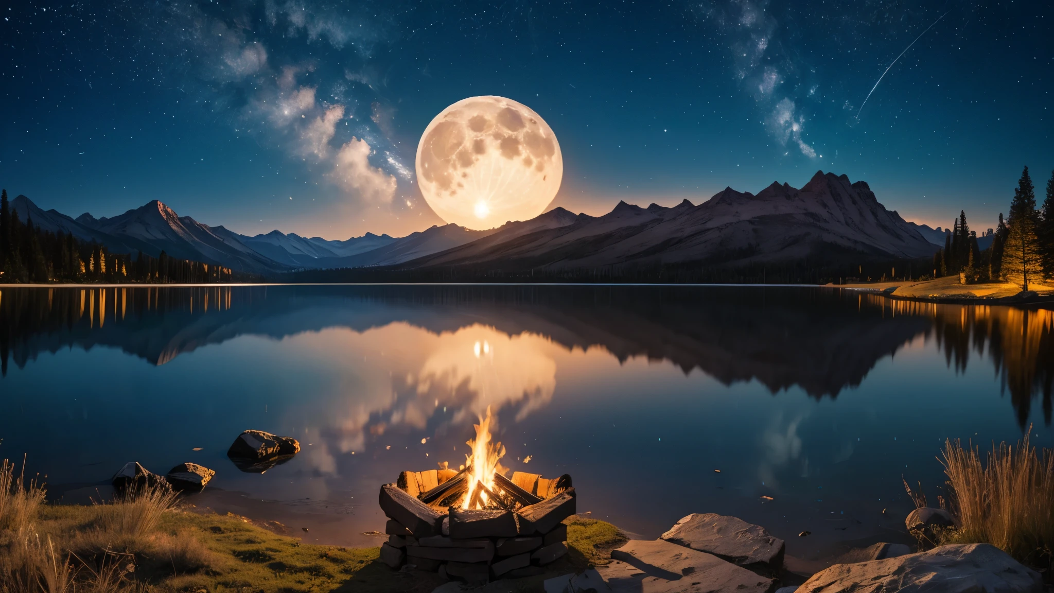 bonfire　full moon　shooting star　lake