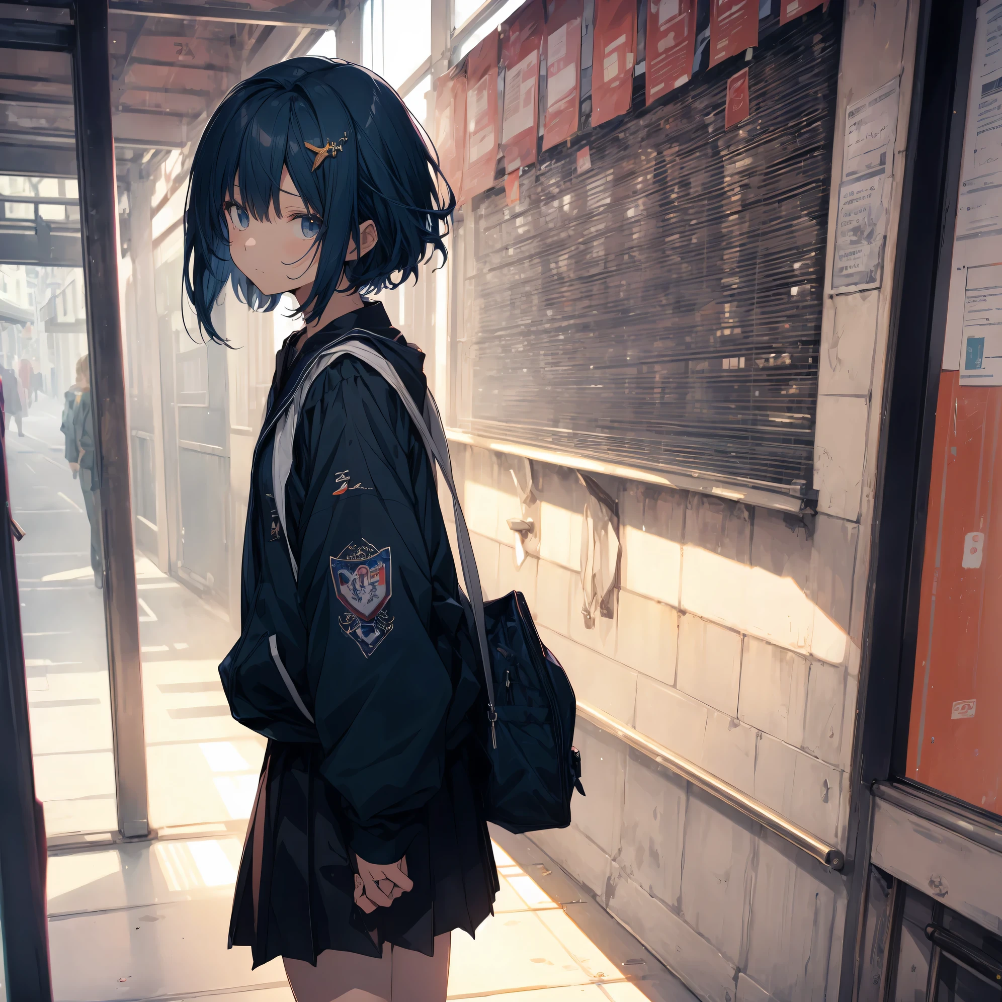 Super high quality by the art god, super detailed, High resolution, Shinkai Makoto style, anime moe art style, best anime 8K konachan wallpaper, pixiv contest winner, perfect anatomy, break,(眠そうにalone学校へ行く女の子を描いてください. ),break, surreal high school girl, (alone,lolita, , 13 years old:1.3),All limbs, full finger,, androgynous charm, (very short hair), messy hair, flat chest, , small ass, between legs, Small black eyes,hanme,beautiful and fine eyes, Well-proportioned iris and pupils, disgusted eyes, High resolutionの詳細な髪, wearing school uniform, (skirt), On the way to school. break,super dense skin, Best lighting by famous artists, 8K, cute illustration,surrealism, UHD, rough skin