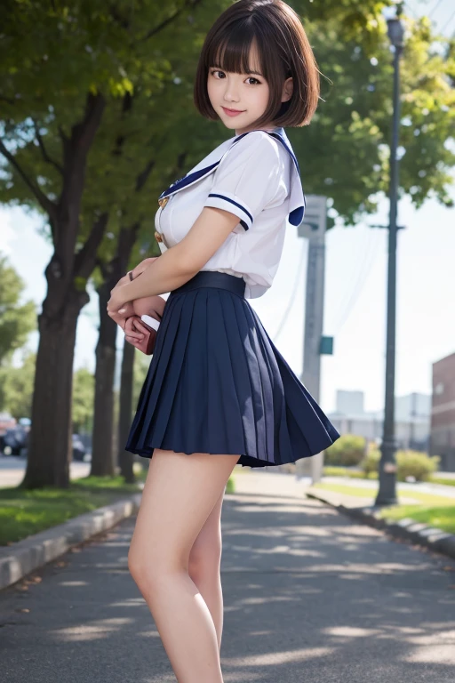 Highly detailed CG Unity 8k wallpaper, top quality, super detailed, masterpiece, realistic, photorealistic, highly detailed cute girl, (17 years old), ultra-detailed face, highly detailed lips, double eyelids, dark eyes, round face, dark hair, clean-cut bangs, bob cut, smiling, (huge breast:1.3), high school student, sailor uniform, navy blue pleated skirt, (Her skirt flutters in the wind:1.1), (full-body shot:1.1)