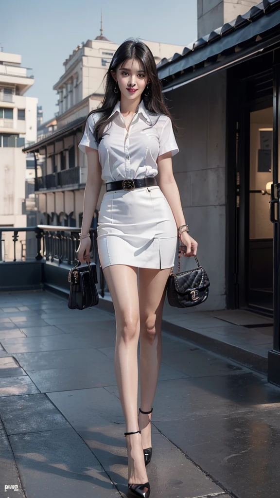 highest resolution, 8K, high definition, (((long hair))), (( thai student, half-caste, Thai-Japanese-Korean, Age 18-25 years, Height 173 centimeters)), (((stand, walk))), (((Beautiful face, แต่งBeautiful face, Double eyelids, red lips, Smile at the corners of your mouth., Beautiful eyes))), ((beautiful woman, Real figure)), ((short sleeve, Thin white shirt, collar shirt)), ((black short pencil skirt, Side incision, tight), ((black leather skirt, มีbeltผู้หญิง)), ((Big breasts, Breast augmentation)), ((Symmetrical figure, Sexy Body)), ((thin, small waist)), ((Black high heels)), ((Wear a GUESS watch)), ((belt)), ((Chanel Boy Medium 10 Black Caviar RHW Bag)), (((Full body, look at every part of the body))), ((background, balcony, building, school, building))