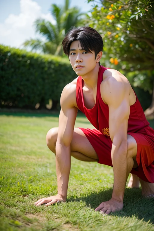 sesshomaru Cosplay, young man, Thai, handsome, red tank top, the whole body can be seen, there is grass.