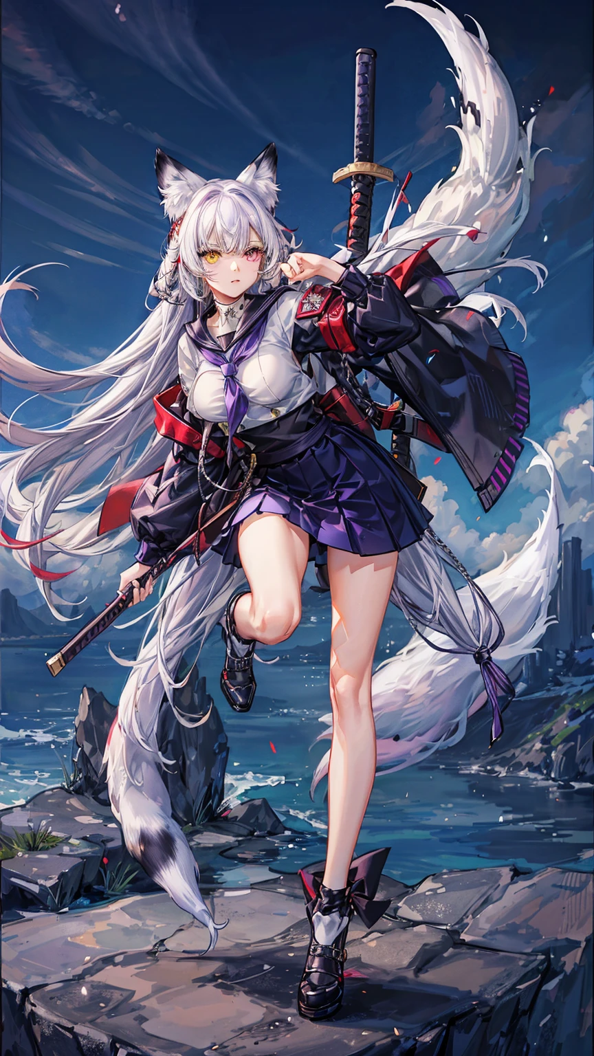Sfw,1girl,solo,female photo,wearing katana sword,(heterochromia,purple eye,yellow eye),((with white fox)),((big breasts)),beautiful face, navy long hair, sailor suit,red mini skirt,mysterious mood,in the night,moolight,best quality, high quality, masterpiece, HD,4K,8K