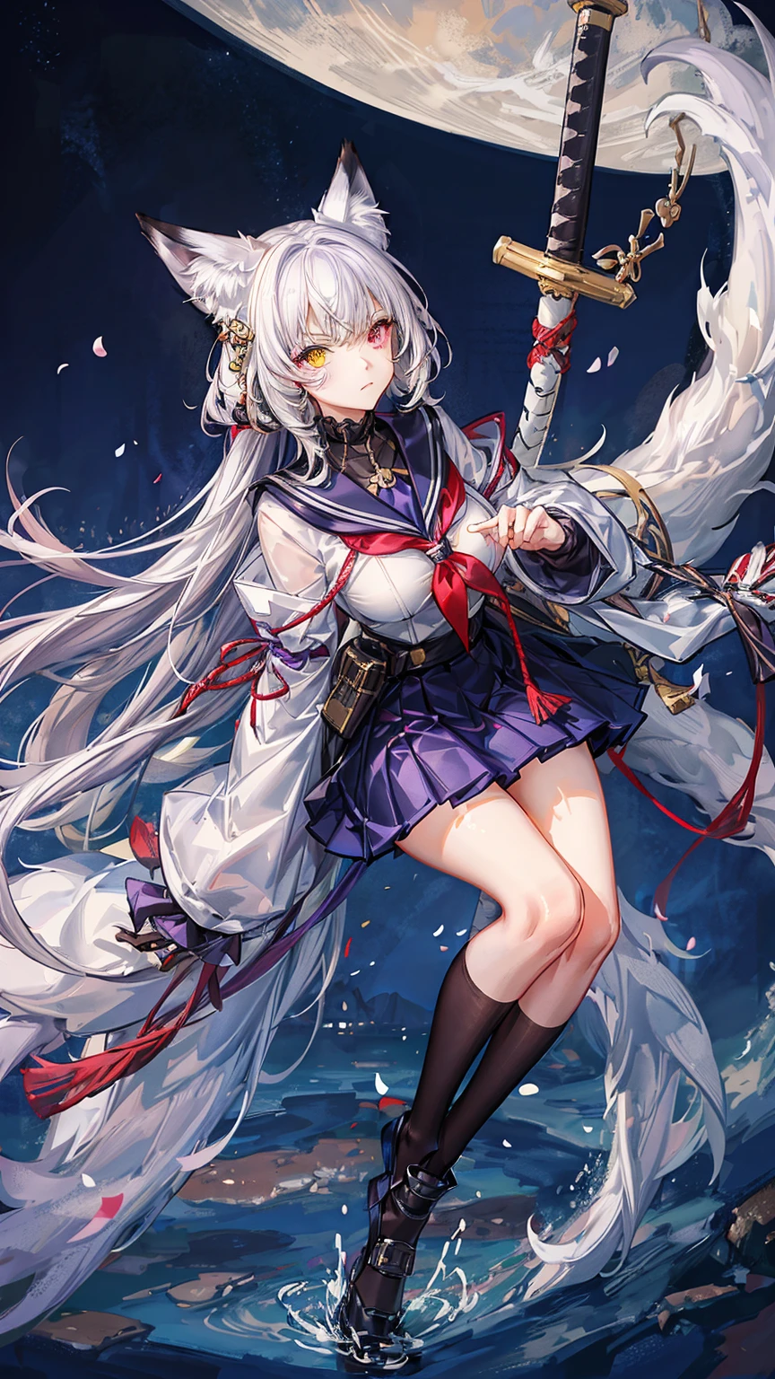 Sfw,1girl,solo,female photo,wearing katana sword,(heterochromia,purple eye,yellow eye),((with white fox)),((big breasts)),beautiful face, navy long hair, sailor suit,red mini skirt,mysterious mood,in the night,moolight,best quality, high quality, masterpiece, HD,4K,8K 