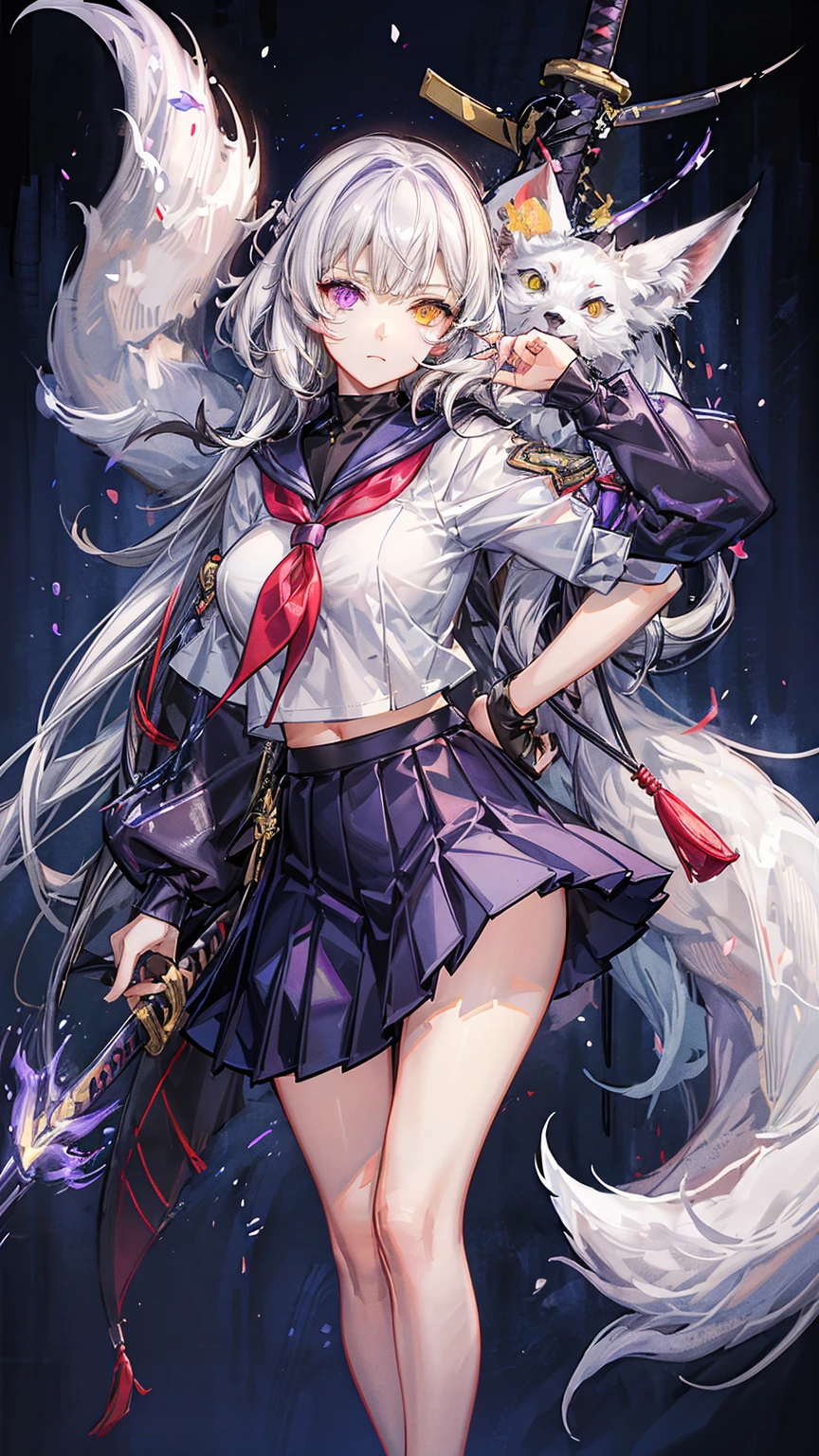Sfw,1girl,solo,female photo,wearing katana sword,(heterochromia,purple eye,yellow eye),((with white fox)),((big breasts)),beautiful face, navy long hair, sailor suit,red mini skirt,mysterious mood,in the night,moolight,best quality, high quality, masterpiece, HD,4K,8K