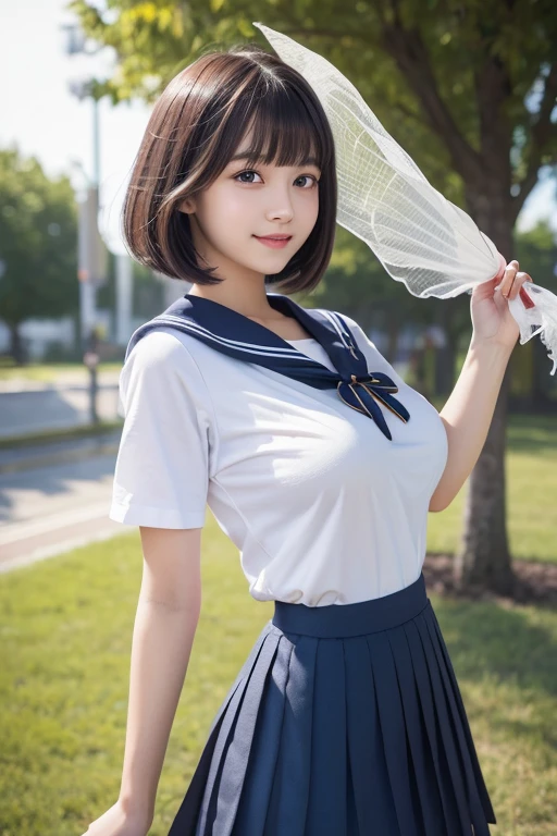In 8K,Highest quality,The true picture,Intricate details,Ultra-high resolution,Depth Field,Masseter region,Natural soft light,Professional Lighting,1 Girl,(cute:1.2),Very beautiful 18 year old girl,Fine grain,((Brown eyes)),(Brown Hair),(Short-haired),(Skin without bangs,Glowing Skin,Pure white skin,Fine skin,Big and ample ,((Perfect Anatomy,Nice hands,Perfect hands,Five fingers connected to the palm))((Her pantiesd to the side、I can see her)).,,Perfect Bare Feet,Delicate legs,Perfect proportions,sexy,I can seeur chest,((sailor uniform super mini skirt)),(tie),Black socks,Black leather shoes,Diving deep into the city,I can see your crotch,Showing your underwear on the street,Both legs are bent,(((Spread your legs wide in an M shape.,I can see your pussy))),Observe udience、(((Big Breasts)))