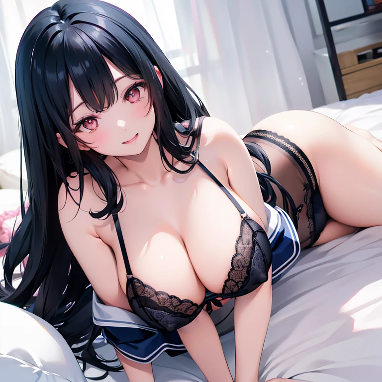 Black hair, pink eyes, large breasts, sexy, beautiful body, masterpiece, navy lingerie, navy underwear, navy bra, smile, bedroom
