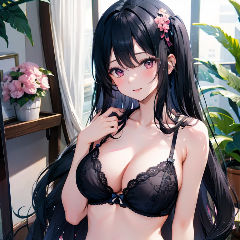 Black hair, pink eyes, large breasts, sexy, beautiful body, masterpiece, navy lingerie, navy underwear, navy bra, smile, bedroom