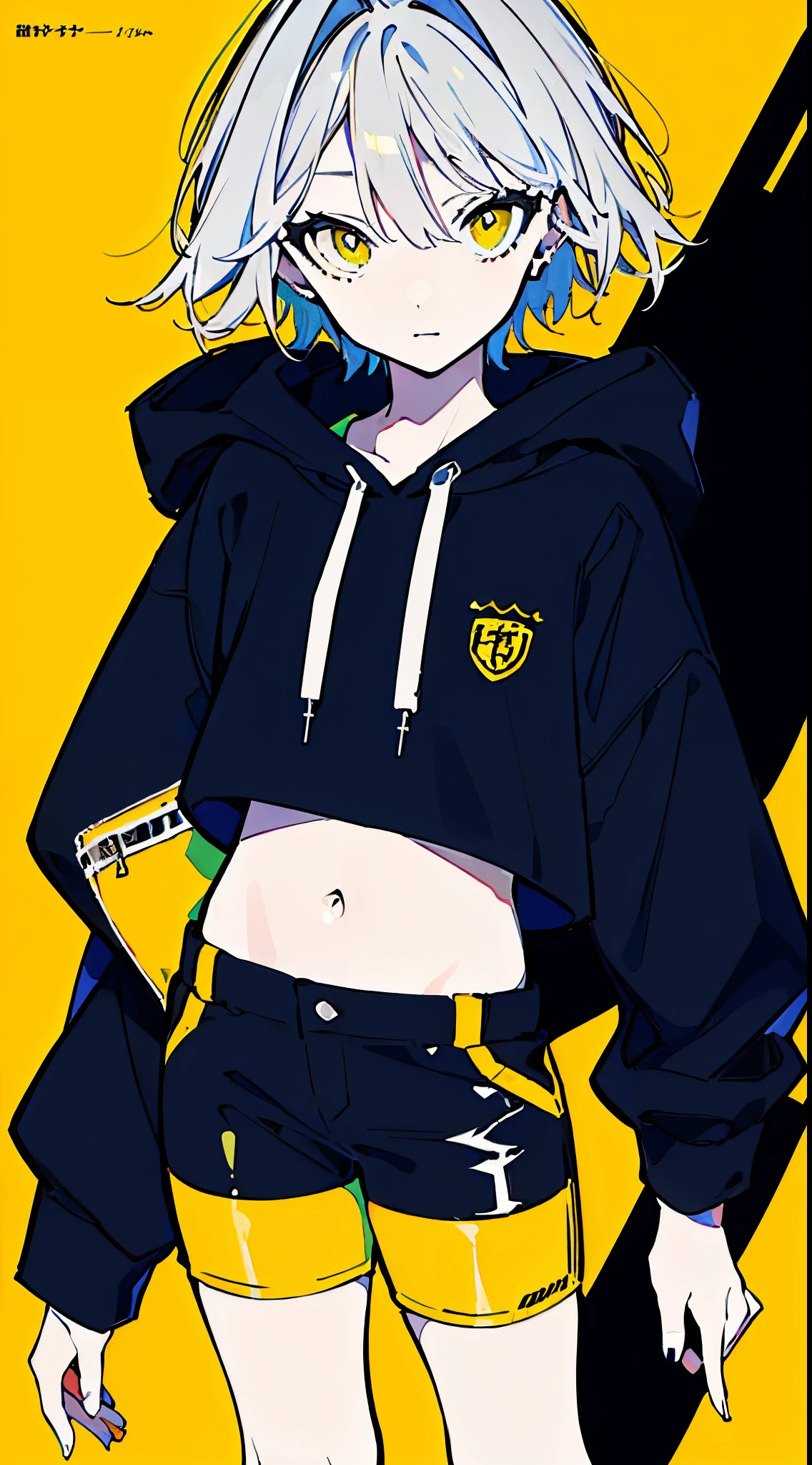 (masterpiece, highest quality:1.6), alone, thick outline, (simple background, Dark yellow background, monochrome, dark yellow theme:1.2), official art, Key Visual, 8K, disorganized, whole body, (Unique hair, Oversized Hoodies, hot pants, arch back, short torso:1.2), belly button, thighs, cowboy shot, HDR, sharp focus, High resolution, most detailed, very detailed, Super detailed, finely, detailed eyes and face, sharp pupils, realistic student