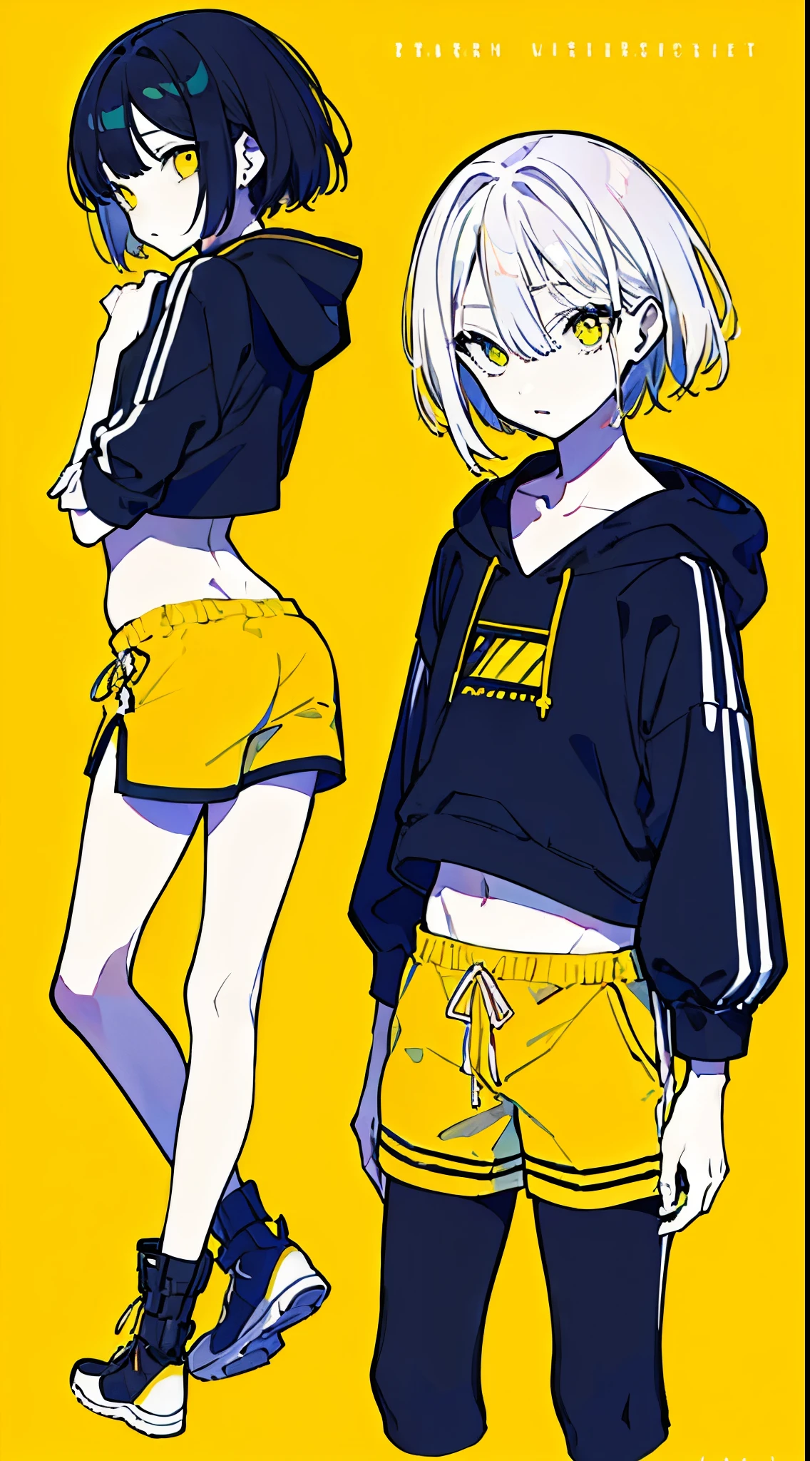 (masterpiece, highest quality:1.6), alone, thick outline, (simple background, Dark yellow background, monochrome, dark yellow theme:1.2), official art, Key Visual, 8K, disorganized, whole body, (Unique hair, Oversized Hoodies, hot pants, arch back, short torso:1.2), belly button, thighs, cowboy shot, HDR, sharp focus, High resolution, most detailed, very detailed, Super detailed, finely, detailed eyes and face, sharp pupils, realistic student