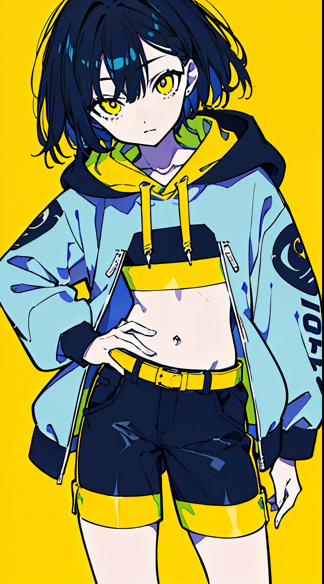 (masterpiece, highest quality:1.6), alone, thick outline, (simple background, Dark yellow background, monochrome, dark yellow theme:1.2), official art, Key Visual, 8K, disorganized, whole body, (Unique hair, Oversized Hoodies, hot pants, arch back, short torso:1.2), belly button, thighs, cowboy shot, HDR, sharp focus, High resolution, most detailed, very detailed, Super detailed, finely, detailed eyes and face, sharp pupils, realistic student