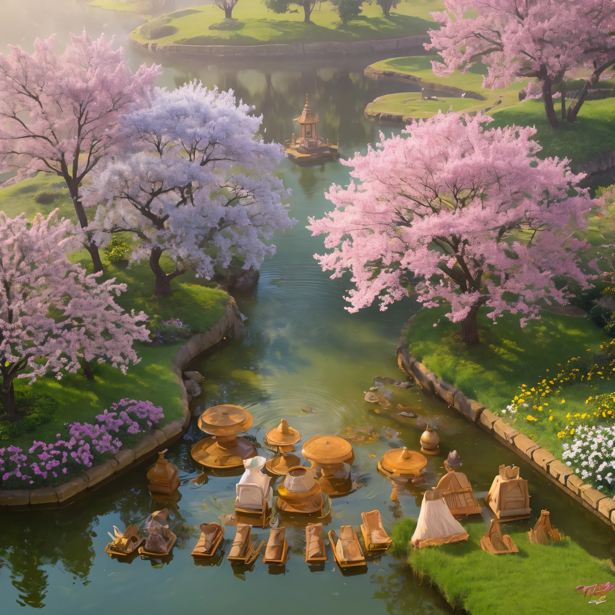 (digital painting),(best quality), serene Japanese garden, cherry blossoms in full bloom, koi pond, footbridge, pagoda, Ukiyo-e art style, Hokusai inspiration, Deviant Art popular, 8k ultra-realistic, pastel color scheme, soft lighting, golden hour, tranquil atmosphere, landscape orientation