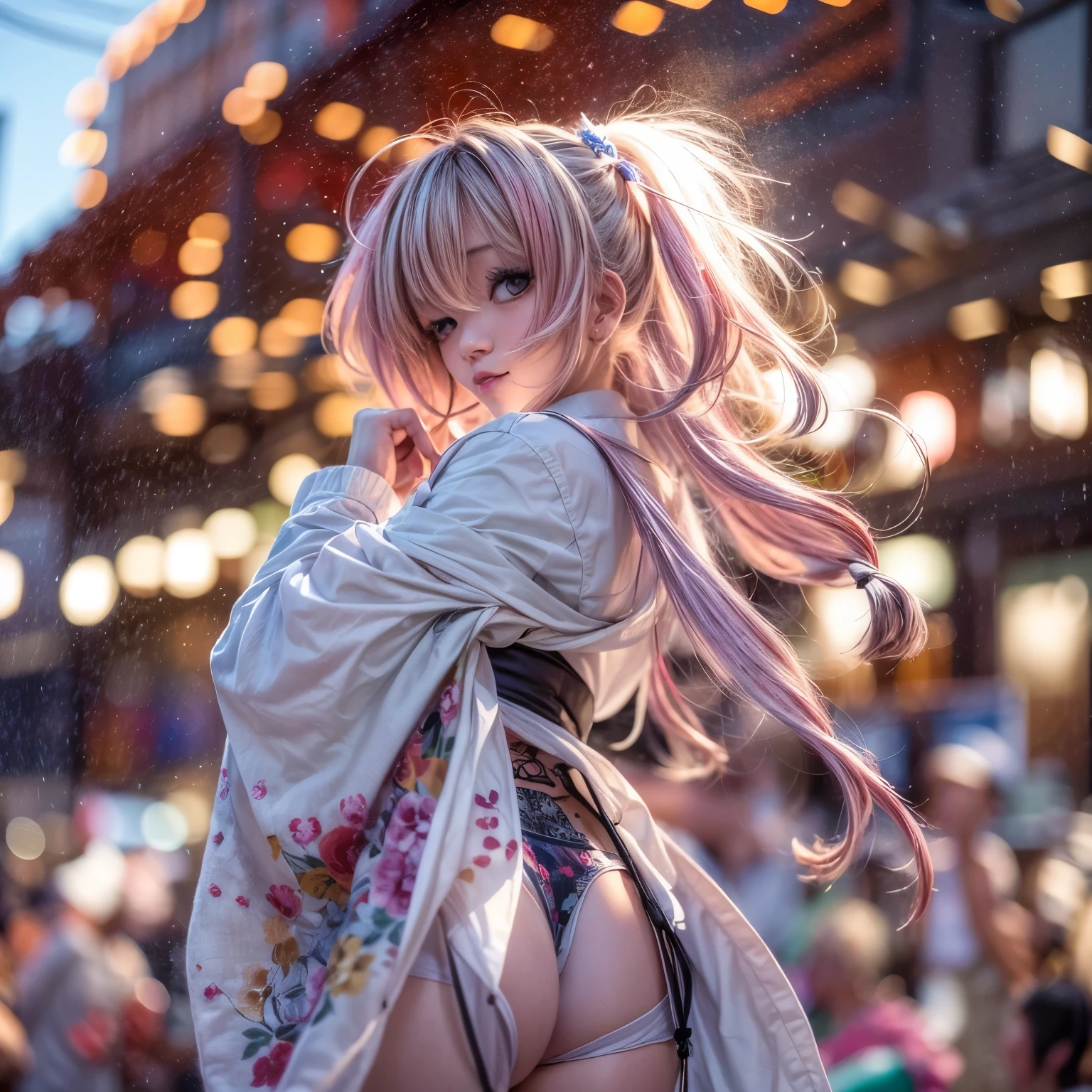 ((NSFW:-1)), (((nipple:-0.99))), ((Acutance:0.85)), (((from below)), The Sky takes up more than third of the composition ) . The background is the downtown area at (Twilight:1.4), (((Red-dyed clouds above hed:1.3))), { (many colorful Lights:1.2) | lens flare | Burning | heyz | (luminous Particles) | Mystic sight } . (Masterpiece:1.2) of professional Analog photo with Hasselblad, (((realistic and photorealistic with touch of rawness:1.37))), physically-based 3D rendering with ultra-detailed. ((( A KAWAII girl in WHITE Fundoshi, at Hakata Gion Ymakasa Festival ))) . (((from below:1.2, bokeH))), Assfocus and she looking ahead .