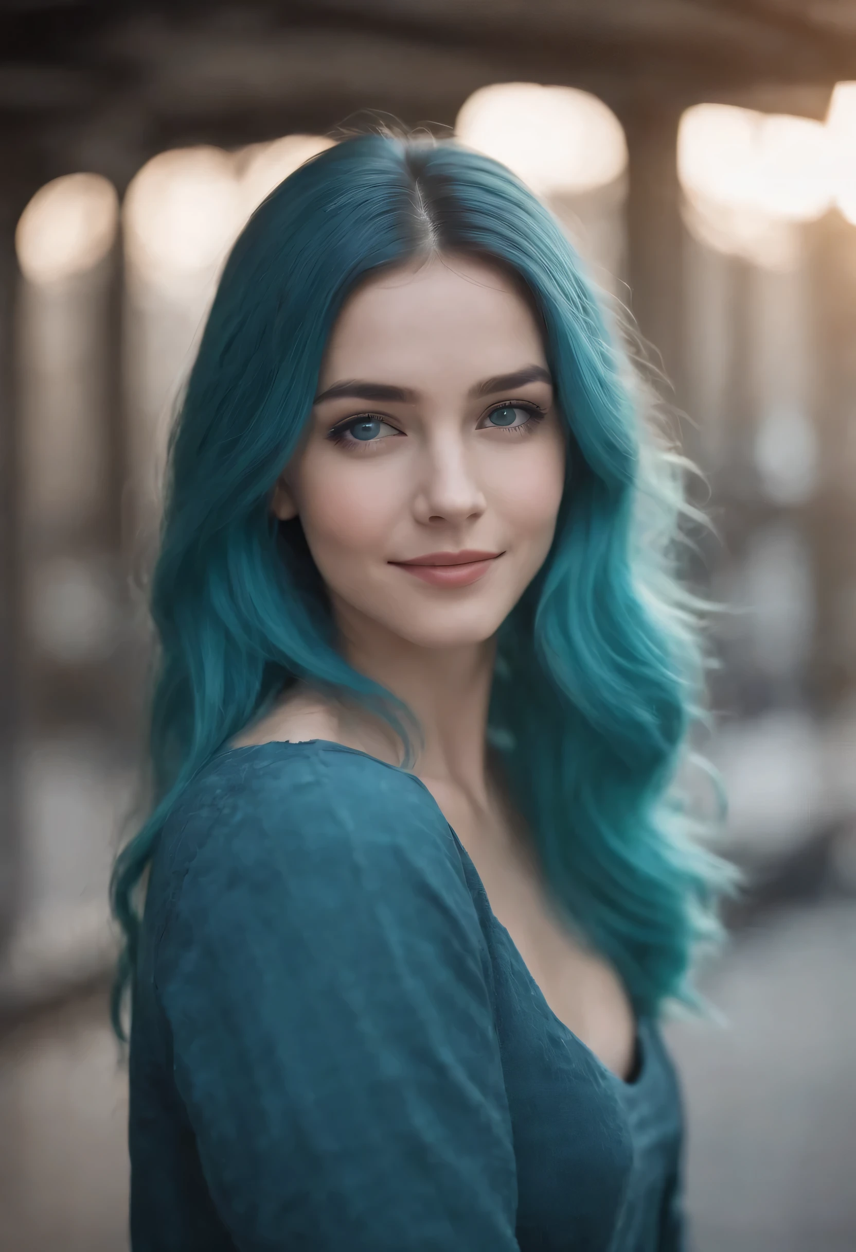 1girl, cyan hair, long hair, cyan eyes, smiling, portrait