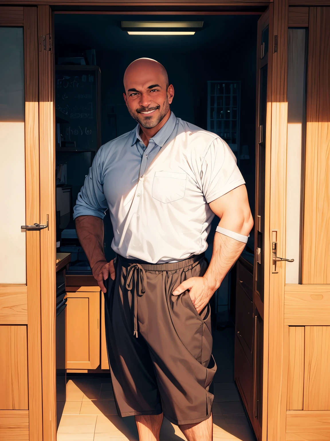 Create a tech illustration of A male teacher who has not very thick hair and is slightly bald is standing next to a wooden cupboard with a happy facial expression and wearing a brown teacher's uniform.The man was standing next to a wooden cupboard with one hand resting on the cupboard and the other on the man's hip . Use the style of Behance.With a Ghibli theme 