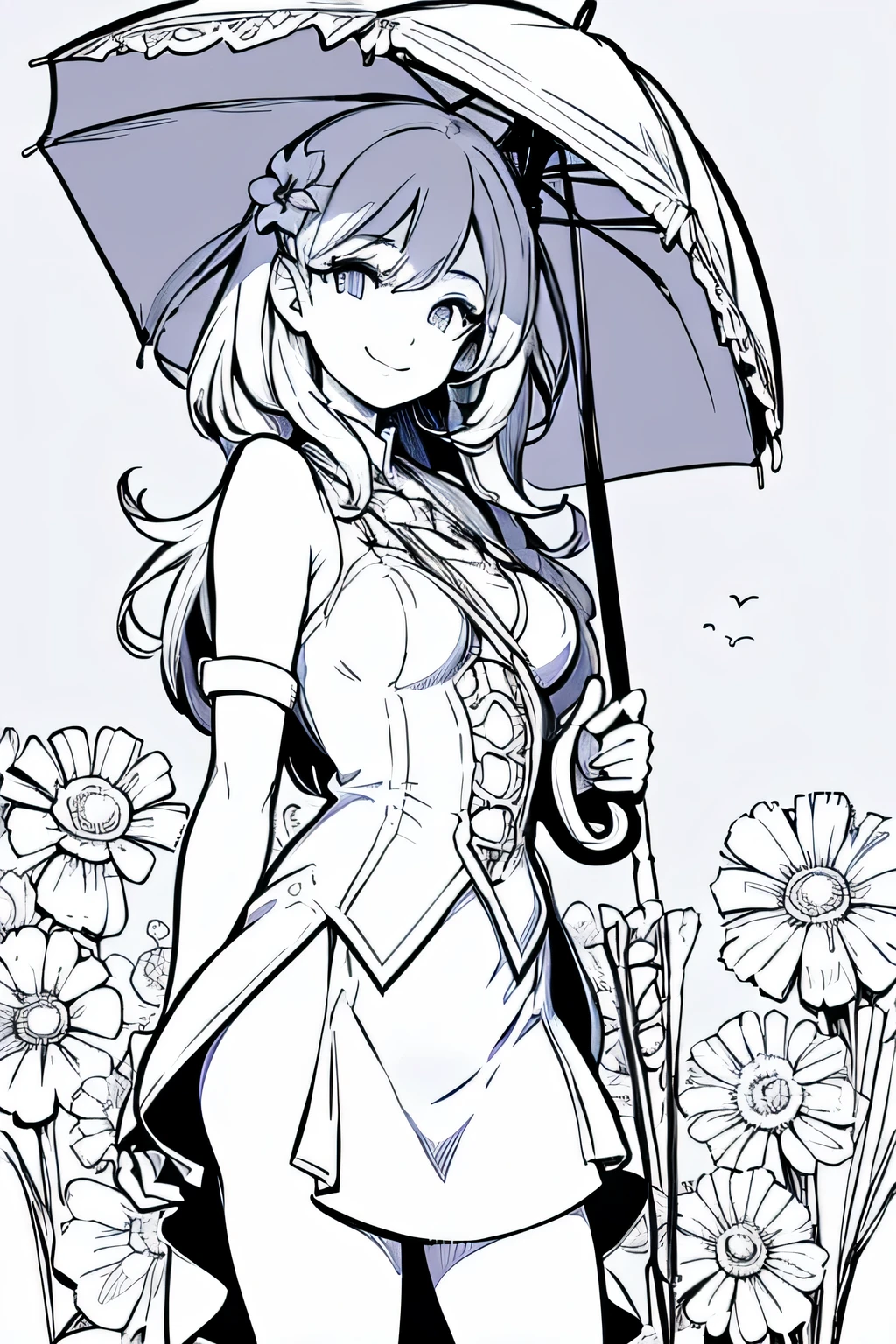 Coloring pages for adults, pretty girl, smile with an umbrella, Bust shot close-up, concept art style, thin line, Medium Details, flower background, black and white, with out shading, --If 9:16