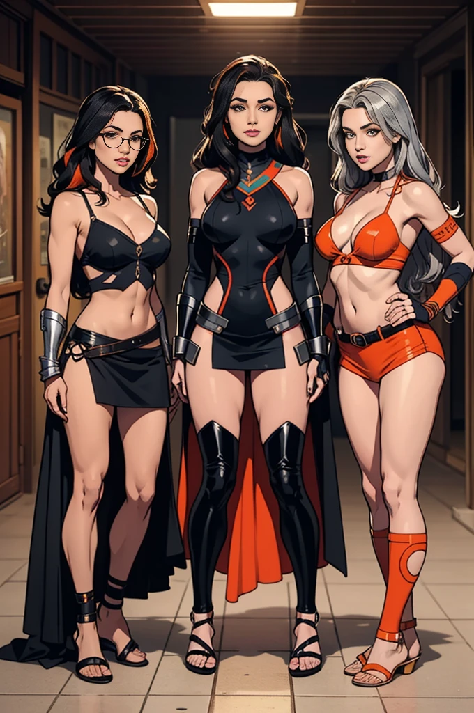 (((full body photo)))
(((Three beautiful girls))), de corpo inteiro, (((um personagem))), feminino, (((pele escura))), Cabelo preto com Rabo de cavalo, Olhos Azuis-Claros, Round glasses with a dark lens, this lens being red, e a moldura Azul Claro, ((Black metallic gauntlets and greaves with orange and silver highlights)), (((As Roupas tem uma Mistura de Moderno e Tribal))), tendo em sua Maioria a Cor Preta, mas tendo Partes em vermelhos, Shoulders on display, No quadril, a short that extends to mid-thigh in black, writhing from head to toe, grader sandal, sapatilhas de bailarina em uma delas.