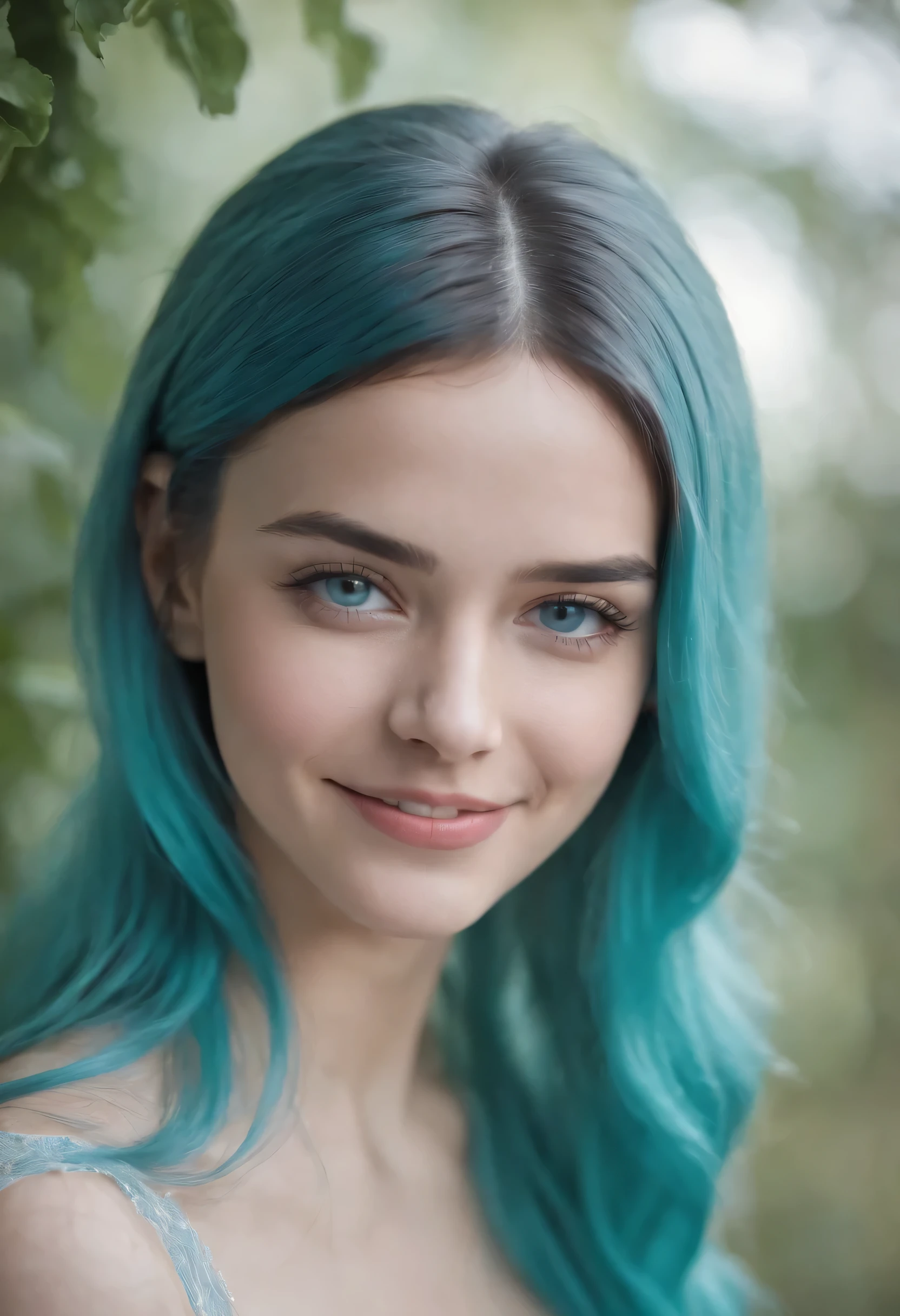 1girl, cyan hair, long hair, cyan eyes, smiling, portrait