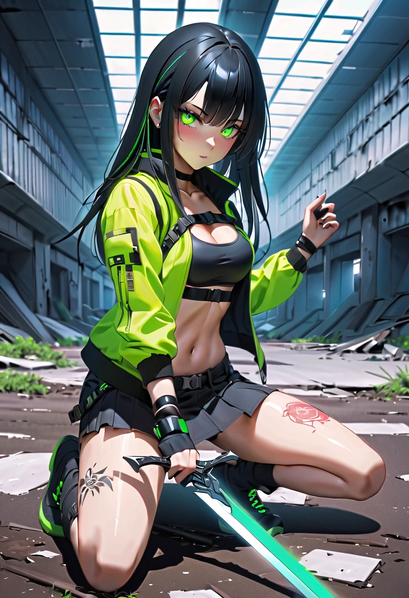 1 girl, solo, long_hair, bangs_between_the_eyes black_hair_with_strands_green, bi_color_ green_neon eyes, sexy_face, HOLDING IN HAND A SWORD EMBEDDED IN THE GROUND, KNEELING_RIGHT_HAND_RESPONDING_ON_GROUND,, cyberpunk_clothes, short_jacket, navel appears, short_skirt, scarred_legs, left_arm_band, tattoo_above_navel_background_of_abandoned_AIRPORT_red, manga_style_image .
