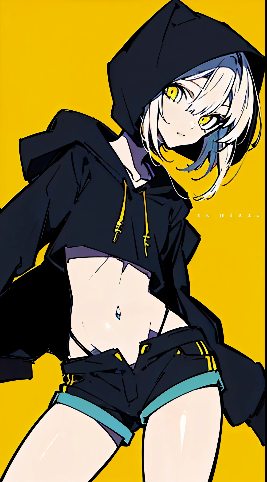 (masterpiece, highest quality:1.6), alone, thick outline, (simple background, Dark yellow background, monochrome, dark yellow theme:1.2), official art, Key Visual, 8K, disorganized, whole body, (Unique hair, Oversized Hoodies, hot pants, arch back, short torso:1.2), belly button, thighs, cowboy shot, HDR, sharp focus, High resolution, most detailed, very detailed, Super detailed, finely, detailed eyes and face, sharp pupils, realistic student