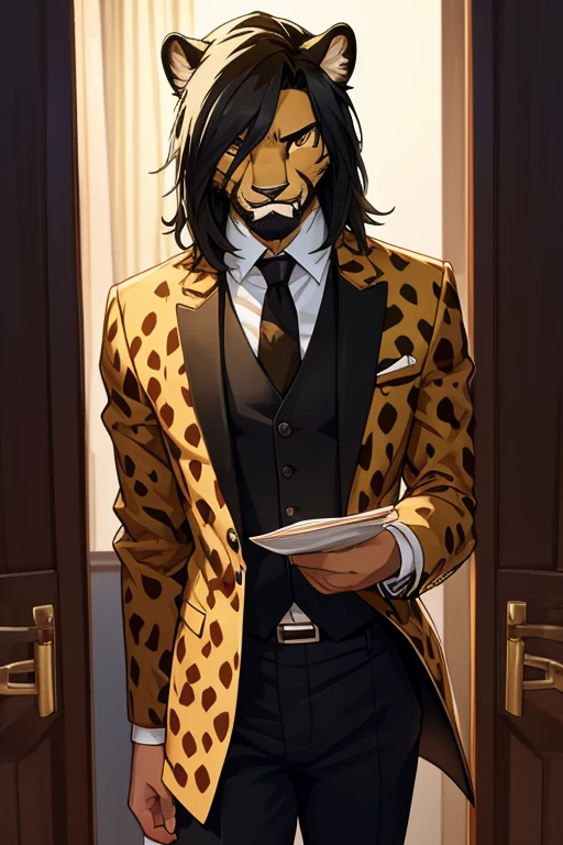 best quality,ultra-detailed,realistic,semi-long black hair,bearded male,formal attire,tall male wearing black pants and a white t-shirt,age boy with short hair,a cheetah-human hybrid with the face of a cheetah,solo portrait of a male with the features of a cheetah,solo portrait of a teenboy with cheetah features in formal clothes, cheetah face, cheetah eyes, cheetah head.