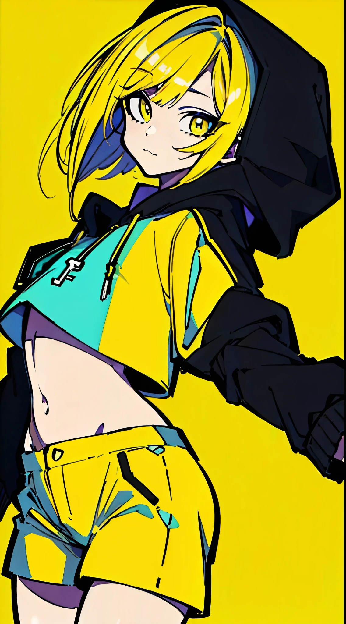 (masterpiece, highest quality:1.6), alone, thick outline, (simple background, Dark yellow background, monochrome, dark yellow theme:1.2), official art, Key Visual, 8K, disorganized, whole body, (Unique hair, Oversized Hoodies, hot pants, arch back, short torso:1.2), belly button, thighs, cowboy shot, HDR, sharp focus, High resolution, most detailed, very detailed, Super detailed, finely, detailed eyes and face, sharp pupils, realistic student