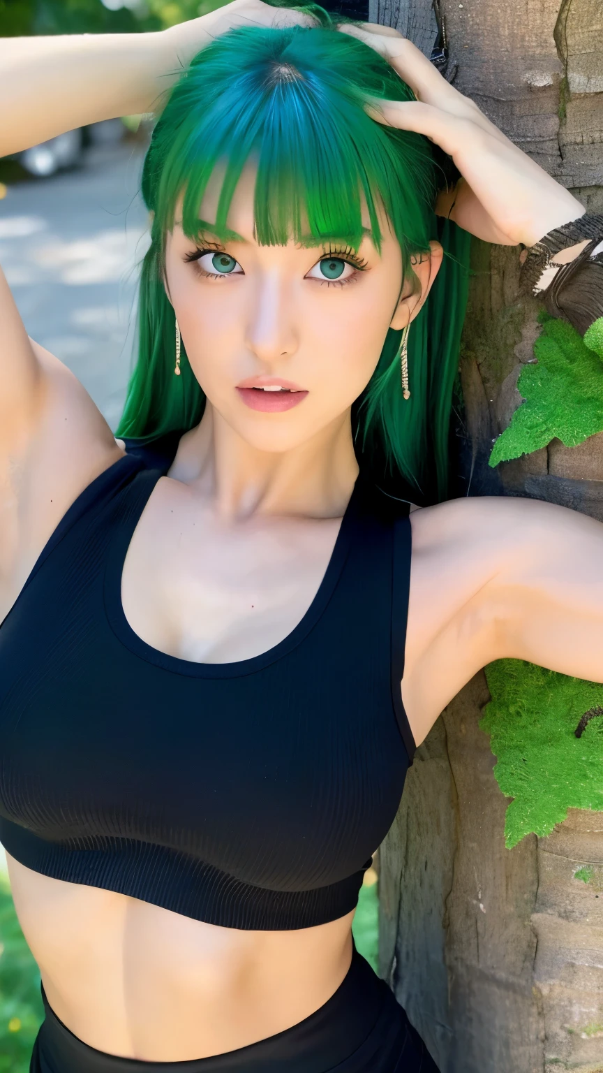 wearing a black tank top、doing a sexy pose。With green hair、Her bangs are trimmed above her eyebrows and she has a long ponytail at the back.。Face、Tree eyes、Small pupils、long face with sharp eyes。big breasts、Abdominal muscle woman