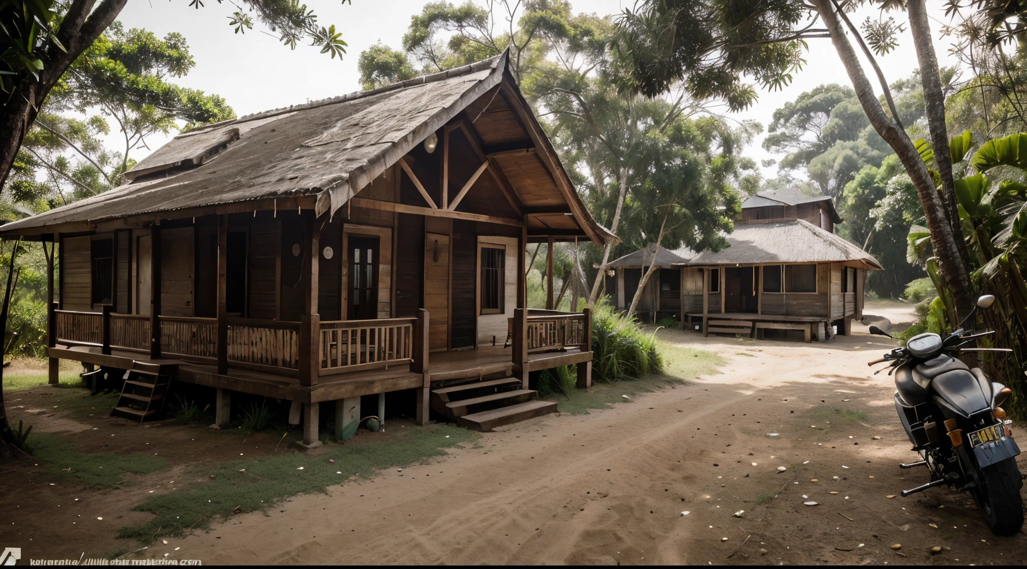 Beach wooden house in Indonesia and an old
motorbike parked near a gravel and grass road
with a misty pine forest in the background with a comfortable and peaceful atmosphere with lots of realistic and detailed coconut and banana trees