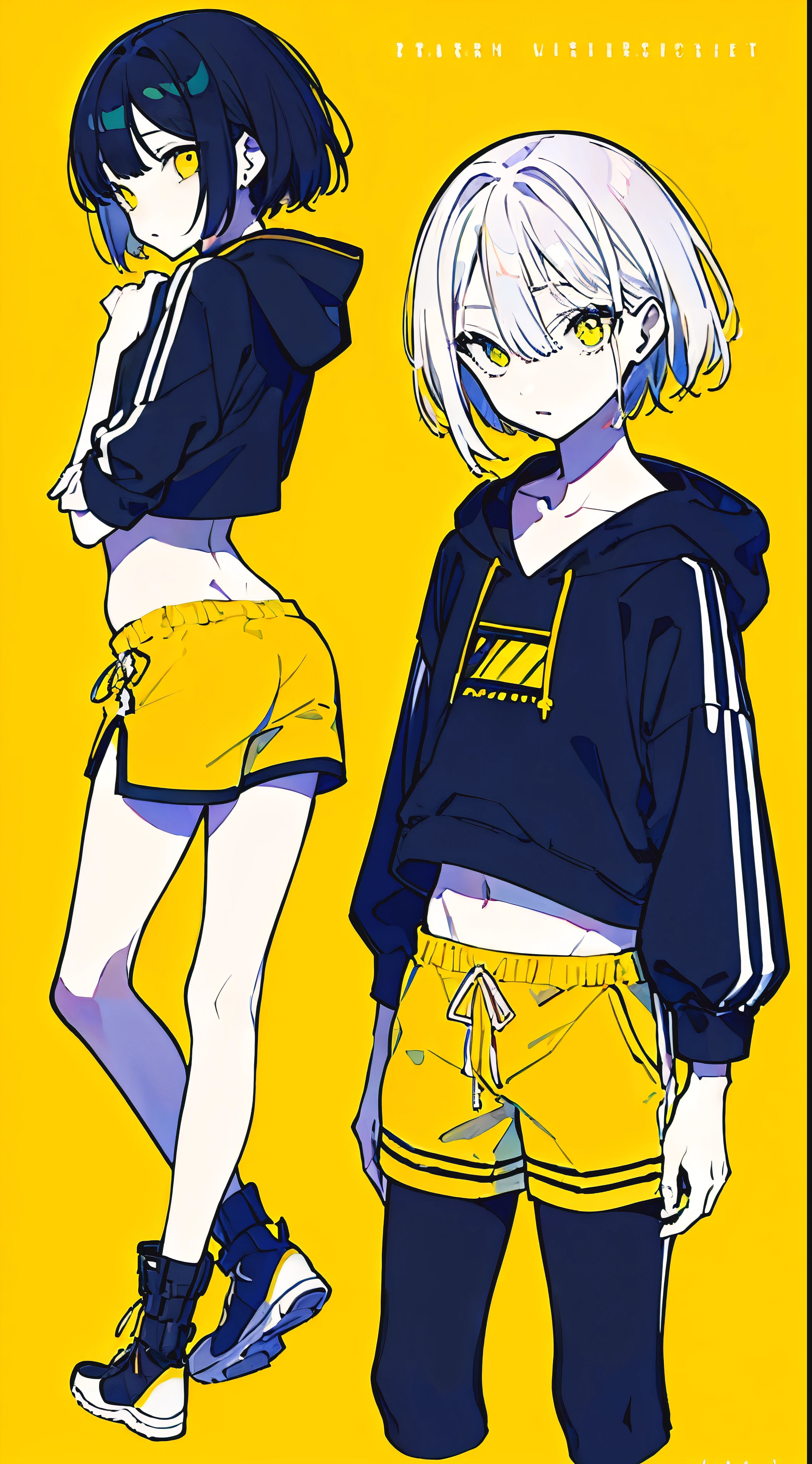 (masterpiece, highest quality:1.6), alone, thick outline, (simple background, Dark yellow background, monochrome, dark yellow theme:1.2), official art, Key Visual, 8K, confused, whole body, (Unique hair, oversized hoodie, hot pants, arch back, short torso:1.2), belly button, thighs, cowboy shot, HDR, sharp focus, High resolution, most detailed, very detailed, Super detailed, finely, detailed eyes and face, sharp pupils, realistic student