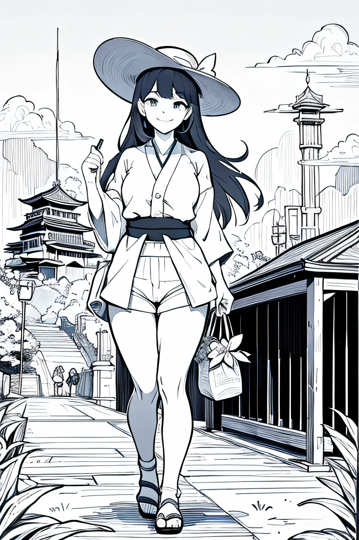 Coloring pages for adults, pretty girl, smile with an umbrella, Bust shot close-up, in cartoon style, hatching line, low detail, Geometric background, black and white, with out shading, --If 9:16, Korakuen Garden, Traditional landscape of Japan, beauty of the seasons, tea ceremony, View of Okayama Castle, linen button up shirt, High Waist Shorts, wide brimmed sun hat, Espadrille sandals, canvas beach tote bag
