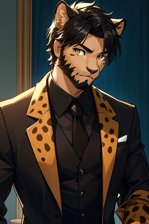 best quality,ultra-detailed,realistic,semi-long black hair,bearded male,formal attire,tall male wearing black pants and a white t-shirt,teenage boy with short hair,a cheetah-human hybrid with the face of a cheetah,solo portrait of a male with the features of a cheetah,solo portrait of a teenage boy with cheetah features in formal clothes, cheetah face, cheetah eyes, cheetah head.