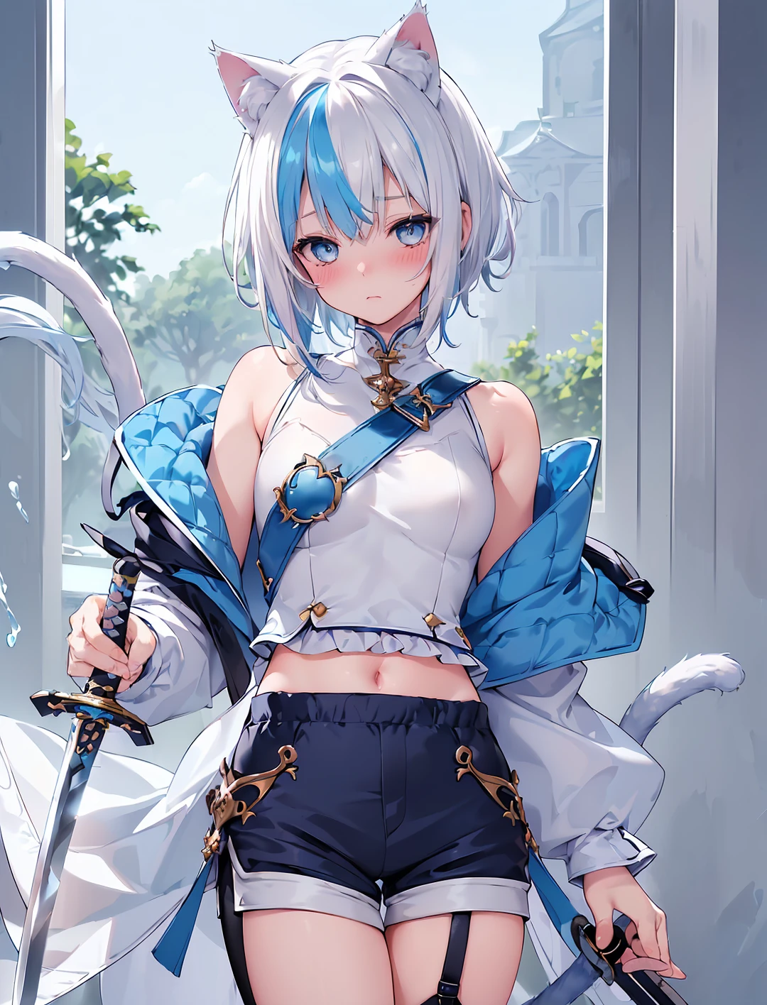 (Masterpiece, Slim Body, Delicate Fingers: 1.2), Best Quality, (Illustration: 1.2), (Hyper Detail), Eye Focus, Ultra Detail, (Fine Detail), (Intricate Detail), HDR, (Ultra Detail: 1.15), (Soft Light: 1.2), 1girl, (tactical outfits:1.4), (fantasy outfit:1.5), (short pants:1.5), (White hair and blue highlights:1.5), (light blue eyes:1.3), medium, short hair, solo, (small breasts:1.3), masterpiece, (blushing:1.1), best quality, highly detailed, fullbody image, kwaii, (blue inner hair:1.2), (two-tone hair:1.5), (blushing face:1.4), , (perfect hands, perfect anatomy), (cat ears:1.4), (cat tail:1.5), (holding long sword:1.5)